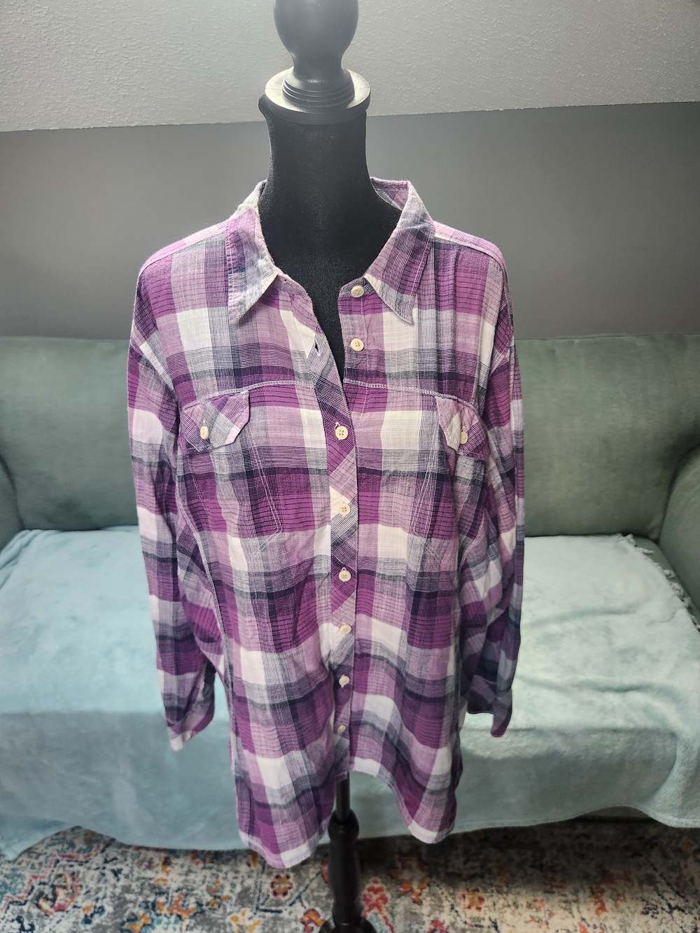 Columbia Purple Plaid Button-Up Shirt 2XL Cotton! Great Condition Plus
